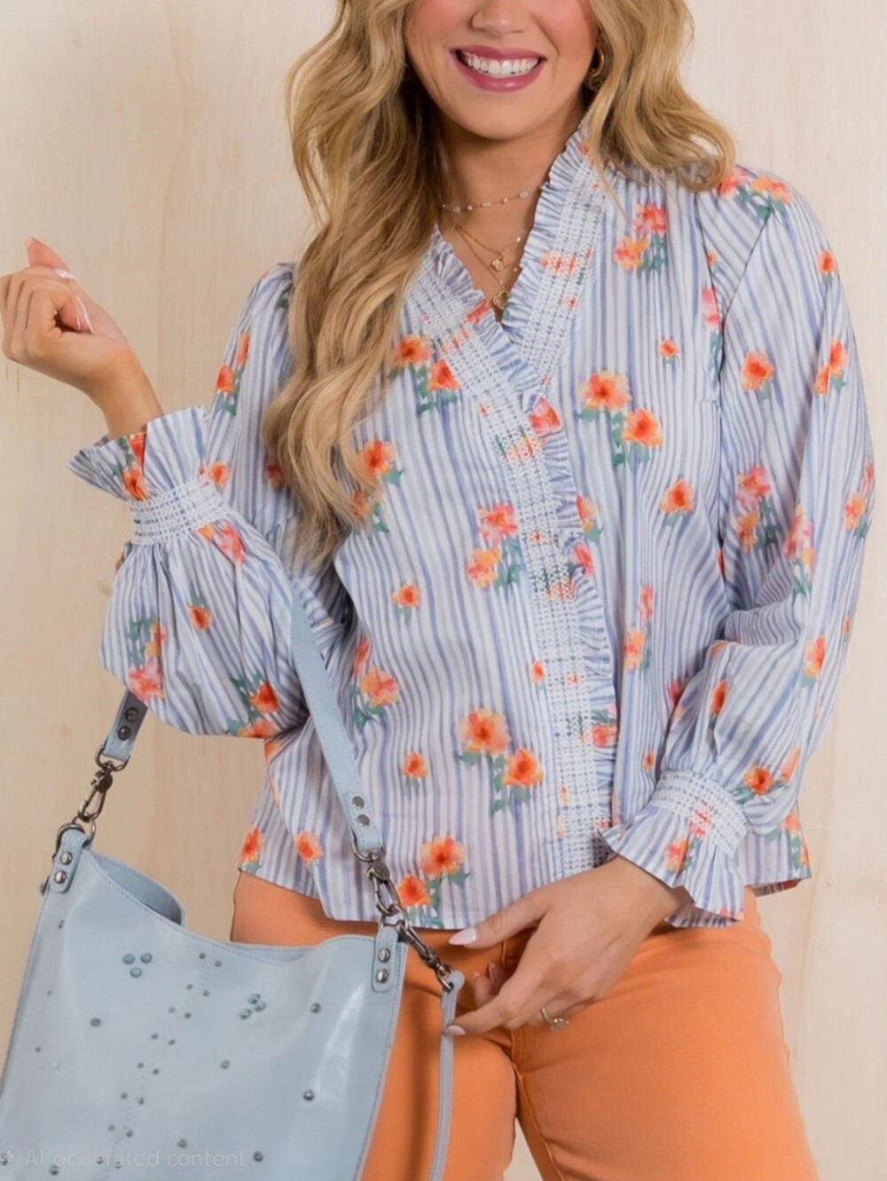 entro Blue-White Striped Blouse with Pink-Orange Floral Print